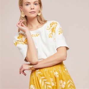 Maeve by Anthropologie Vineland Embroidered Cropped Short Sleeved Sweatshirt XXS